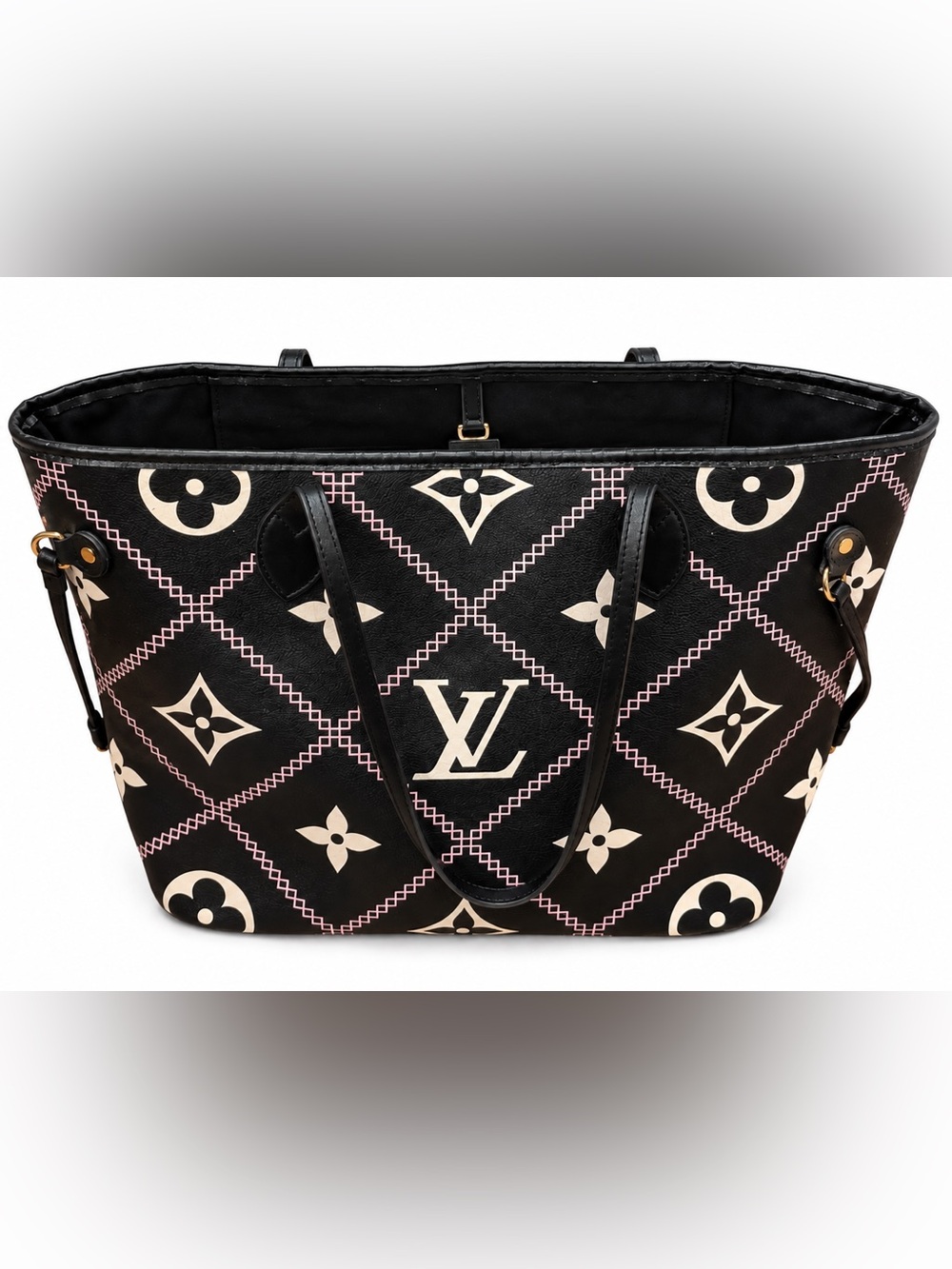 Black & Pink Monogram Style Large Tote Bag